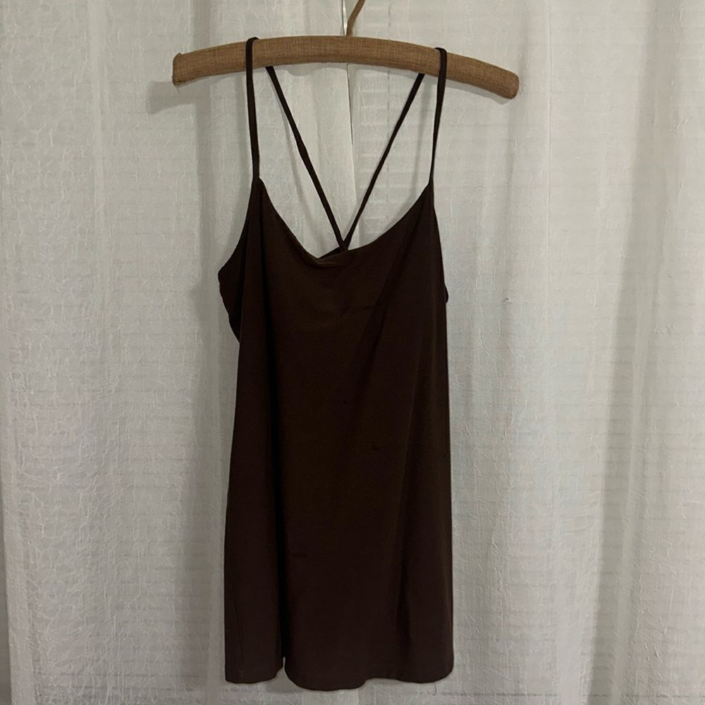 Eileen Fisher M Brown Criss Cross Back Spaghetti Strap Long Camisole Top